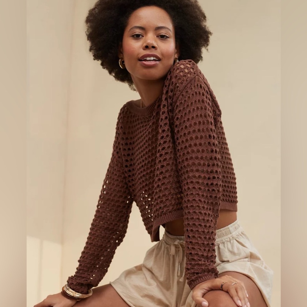 Aerie Brown Open Knit Cropped Sweater | 100% Cotton Mesh Crew Neck Size XS